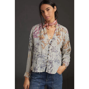 Anthropologie Pilcro Tavi Button Down Top S Blue Striped Boho Floral